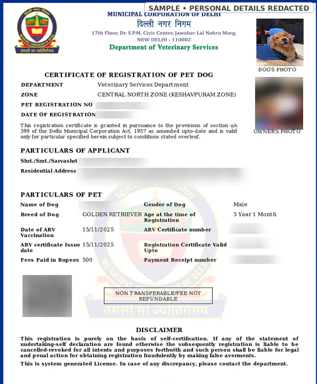 A real dog registration certificate issued by the Municipal Corporation of Delhi under section 399 of the Delhi Municipal Corporation Act, 1957, with the owner's name, photo and address, the dog's name and every number blurred.