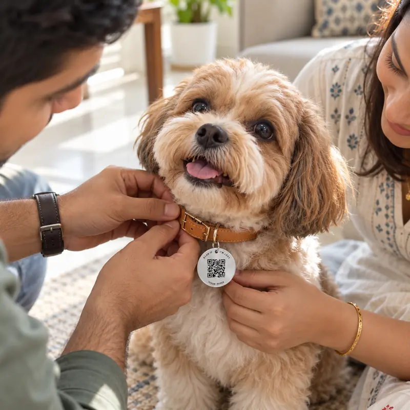 A couple fastening the Find Tag to their small dog’s collar at home