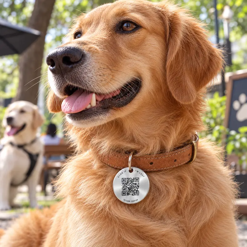 A golden retriever wearing the Find Tag (illustrative image)