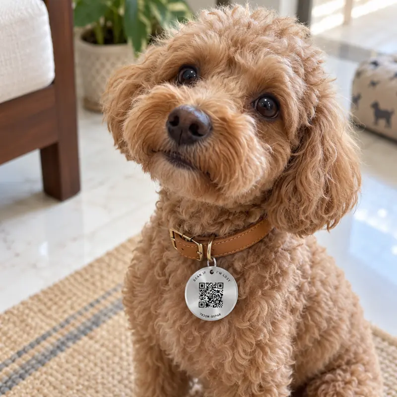 A curly-haired small dog at home wearing the Find Tag