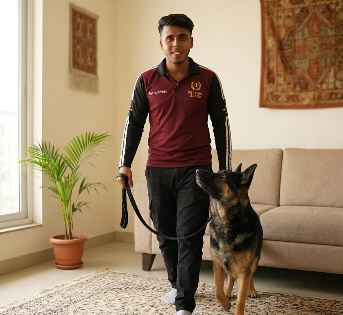 An IncrediPets certified trainer walking a German Shepherd on a loose lead inside a home