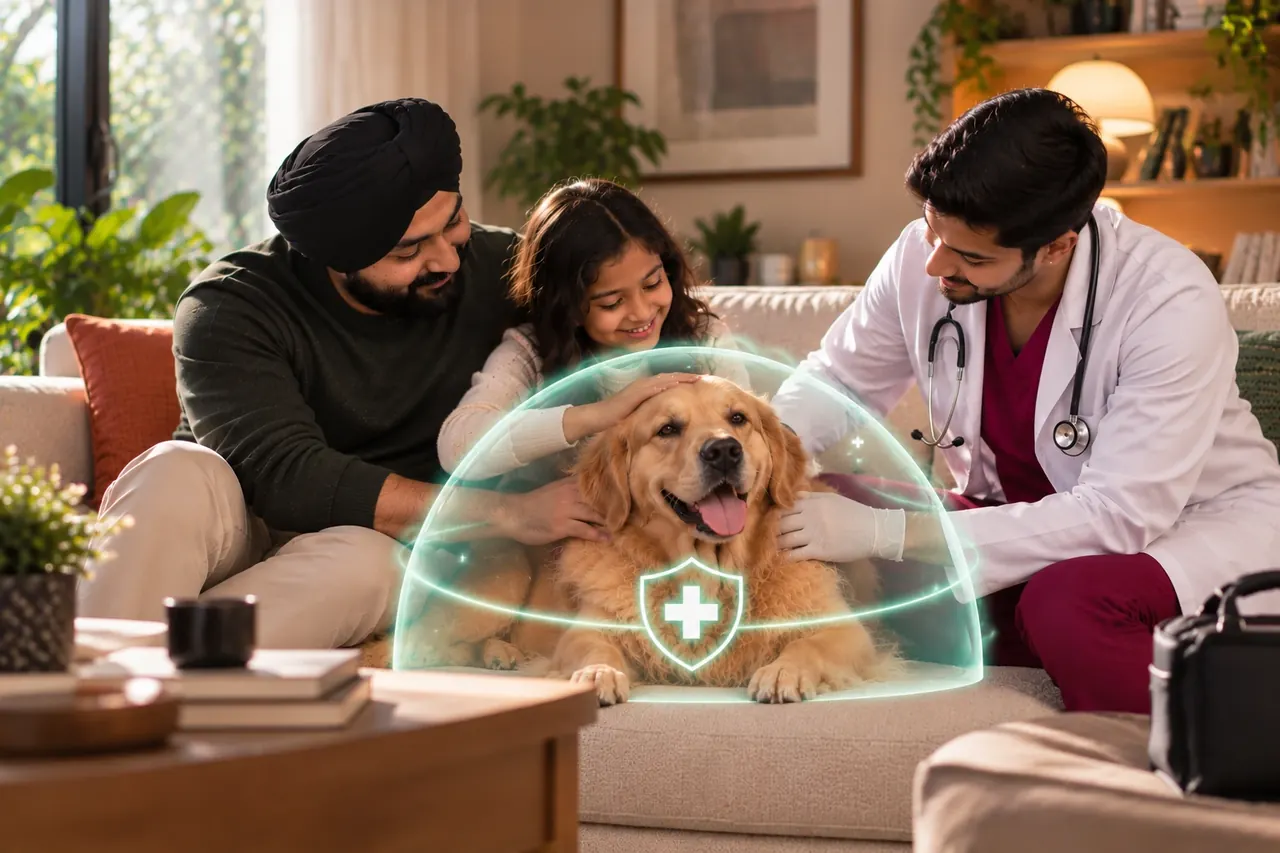 A vet checks a happy golden retriever at home under a protective shield while the family looks on — dog vaccination at home in Delhi NCR