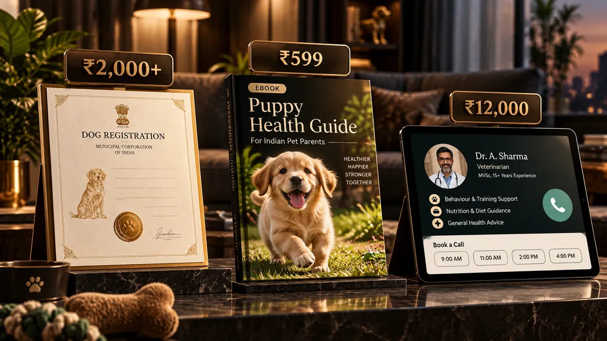 Free with a one-time payment on IncrediPets dog vaccination in Delhi NCR: dog registration certificate worth ₹2,000+, Puppy Health Guide e-book worth ₹599 and a 365-day on-call vet worth ₹12,000